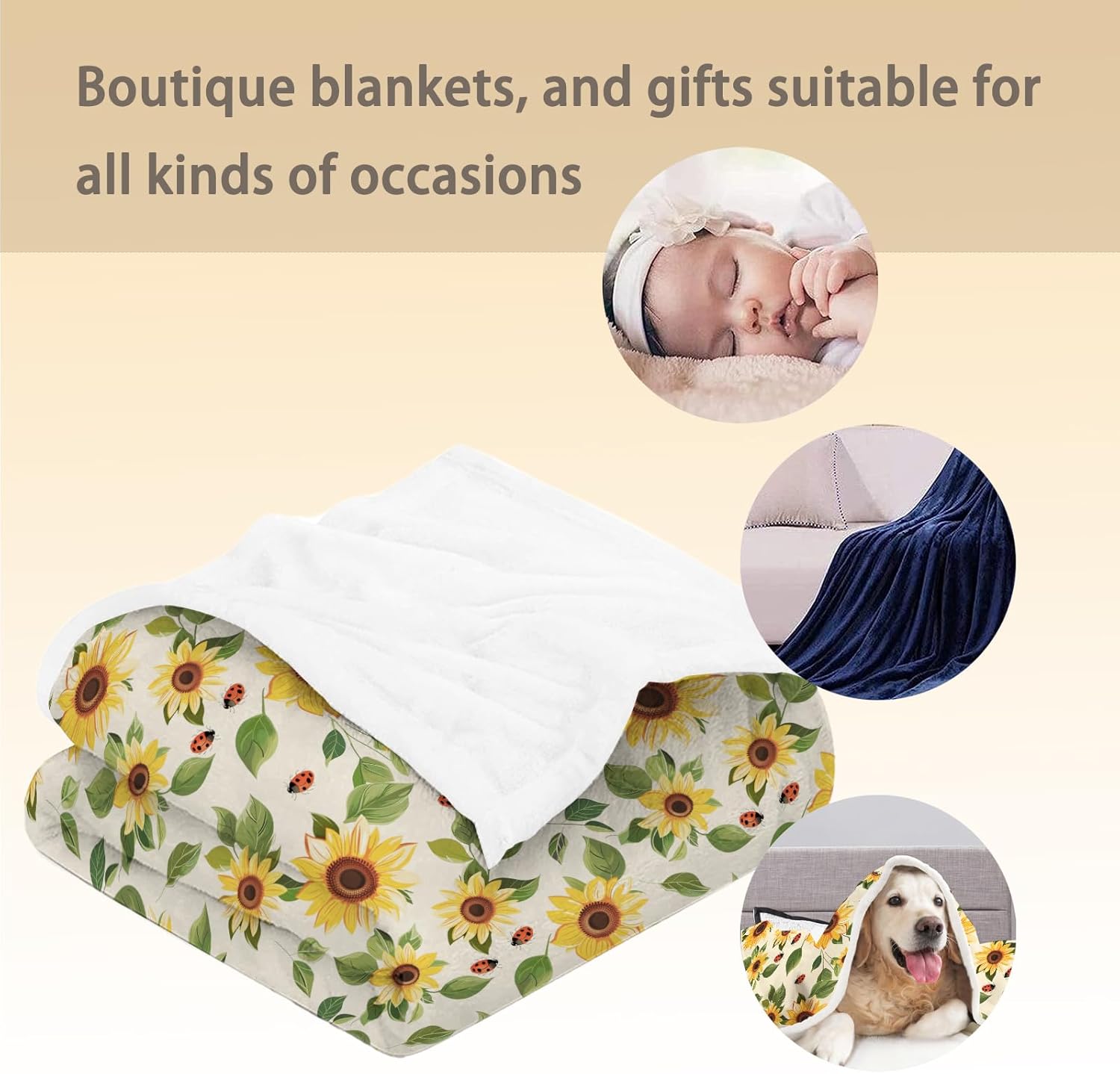 Sunflower Ladybug Blanket, Soft Lightweight Yellow Floral Flannel Throw Blanket for Couch, Bed, Travel, Living Room & Home Decor, Cozy Warm Fuzzy Blankets for Adults Women Girls 60×50 in