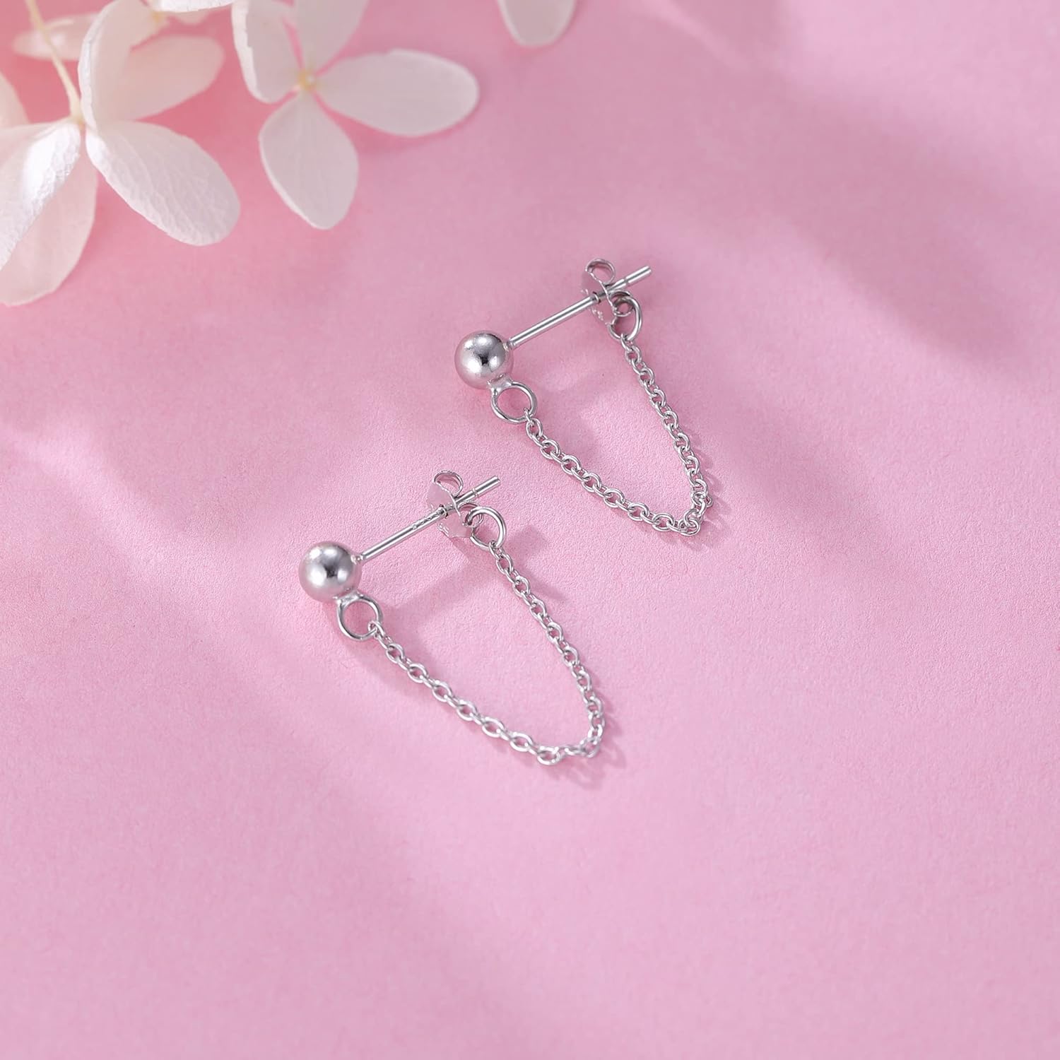 Reffeer Minimalist Ball Earrings with Chain Dangle Earrings for Women Teens Dangle Earrings Studs Cute Solid 925 Sterling Silver Earrings - Image 4