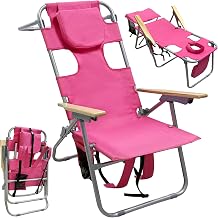 16" Tall Backpack Beach Tanning Chair with Camping Stool for Adults, Heavy Duty 5-Position Folding Beach Chair with Face Hole 265LBS Pink
