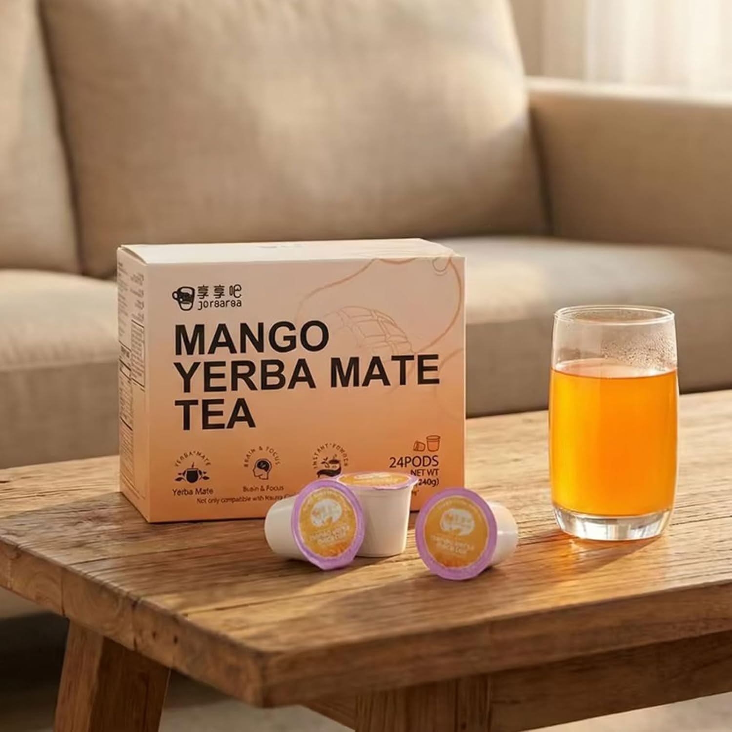 JOYBARBA Yerba Mate Tea Pods, Mango – Easy-Tear Instant Powder Capsules with Natural Caffeine, L-Theanine & Gut Support – Clean Energy, No Jitters – No Machine Needed, Compatible with Keurig K-Cup Brewers, 24 Count
