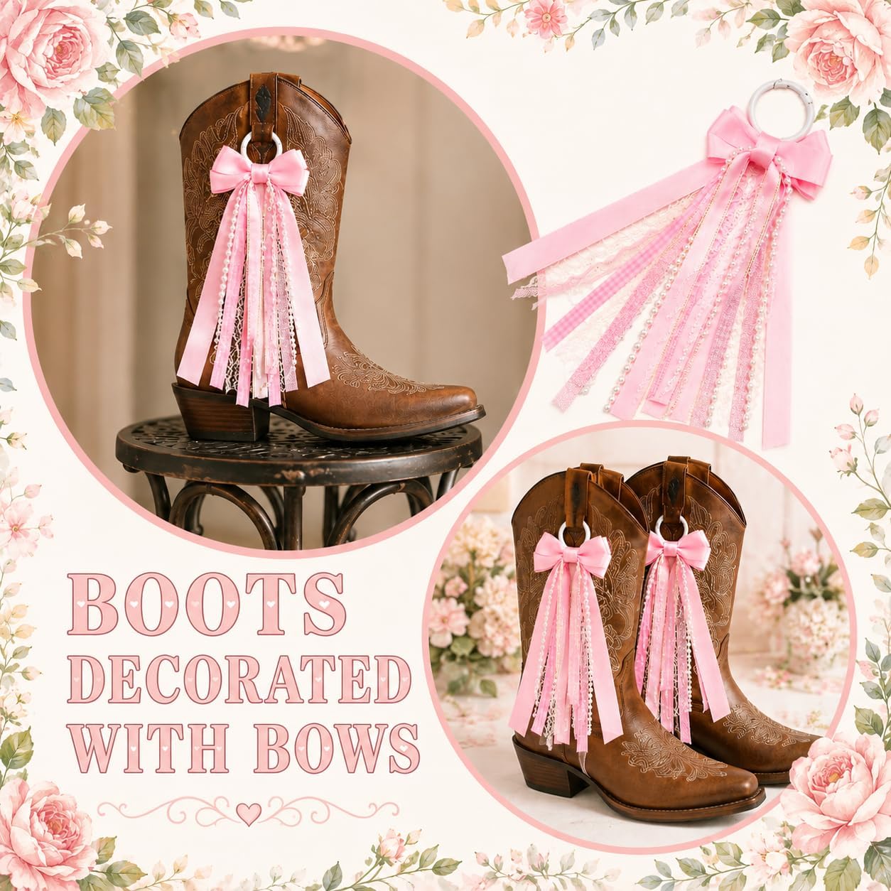 4 Pcs Pink Boot Bows for Cowgirl Boots, Removable Ribbon Clips | Ribbon bow clips, western boot decor, country concert, wedding, rodeo, DIY boot accessories, removable style