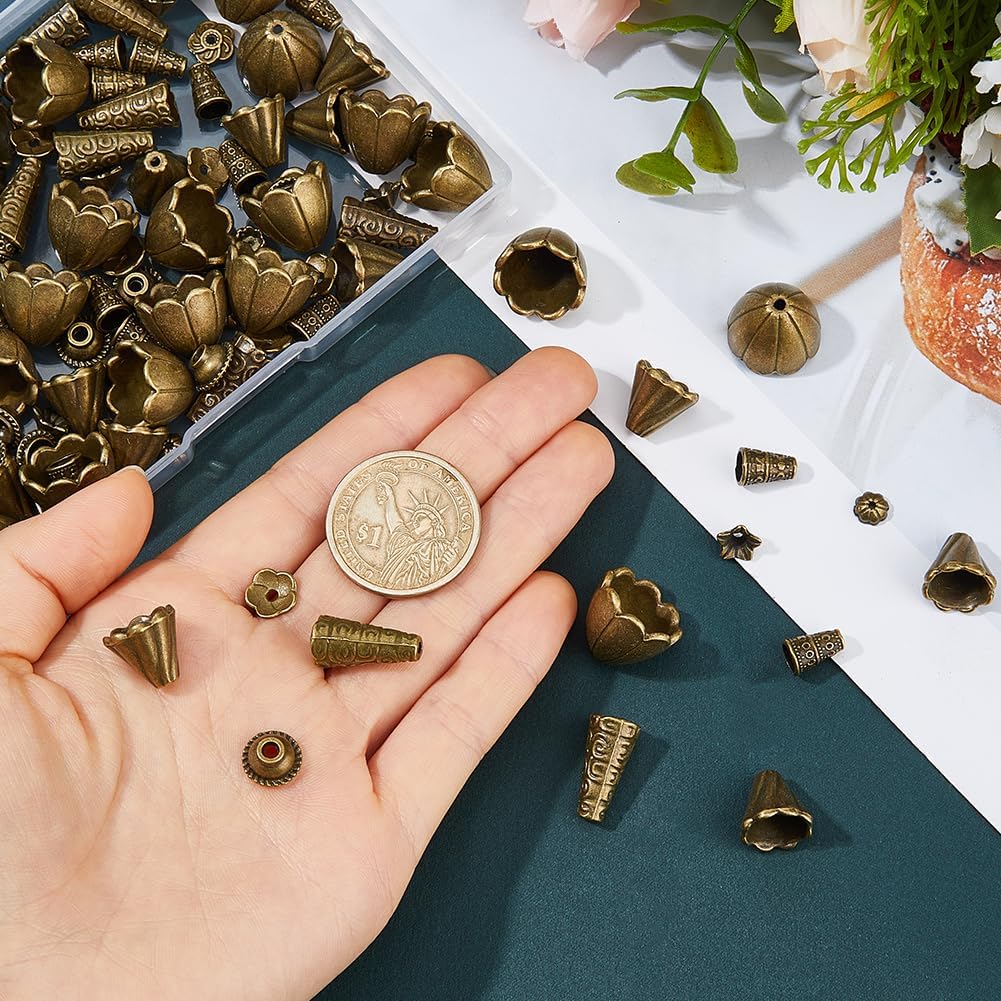 SUPERFINDINGS 160Pcs Tibetan Alloy Spacer Beads 8 Styles European Cone & Caps Spacers Loose Flower Bead Caps Bracelet Necklace Craft Beads for DIY Jewelry Making, Hole:1~4mm