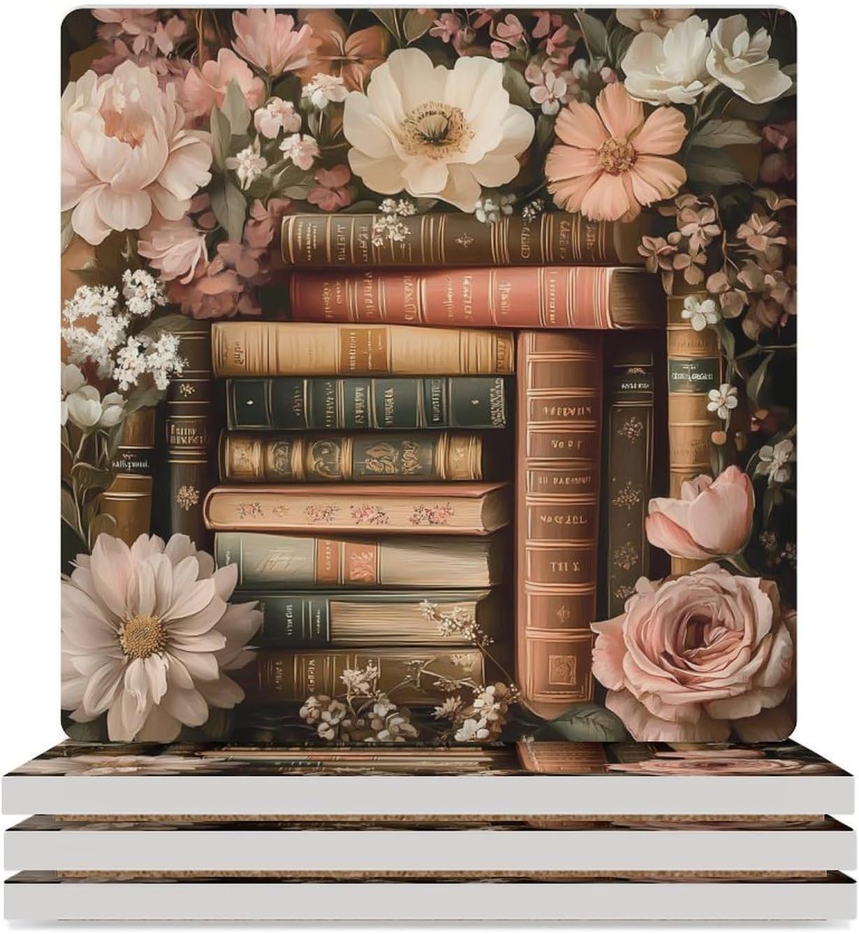 Book Flower Ceramic Coasters Set Square Drink Coasters Table Coaster for Kitchen Desktop Decor