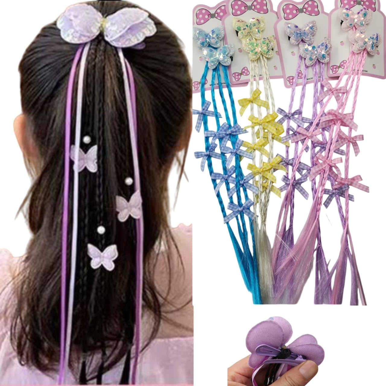 Miss Lirenn® Butterfly Hair Extensions for Girls, Iridescent Clip-in Braids with Colorful Bows, Decorative Hair Accessories, Purple, Blue, Yellow and Pink, Pack of 4