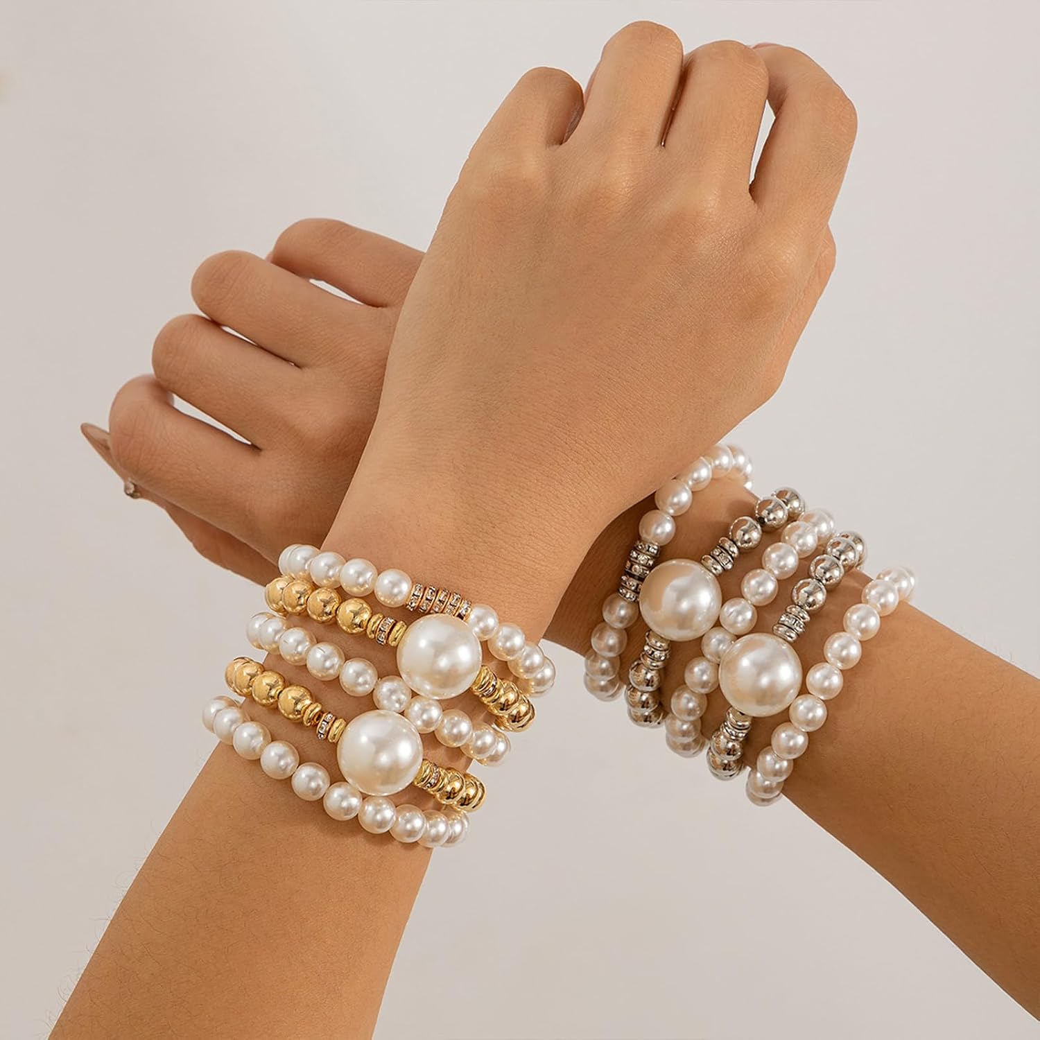 Pearl Bracelet for Women Chunky Fake Pearl Stackable Stretch Bracelet Set Multilayer Gold Beaded Bangles Wedding Bridesmaids Bridal Party Jewelry Gift - Image 5