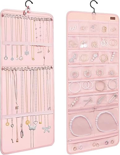 Sopito Organizador de joyas colgante, organizador plegable de doble cara con ganchos de metal para collares, anillos y aretes