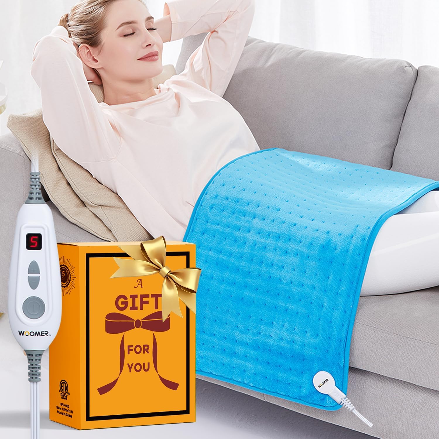 WOOMER Extra Large Heating Pad, 17"x33" XL Heating Pad, Heat Pad with Multi-Color Option, Moist Heat Therapy Feature, Auto Shut-Off, Power Cords Storage Belt, Blue