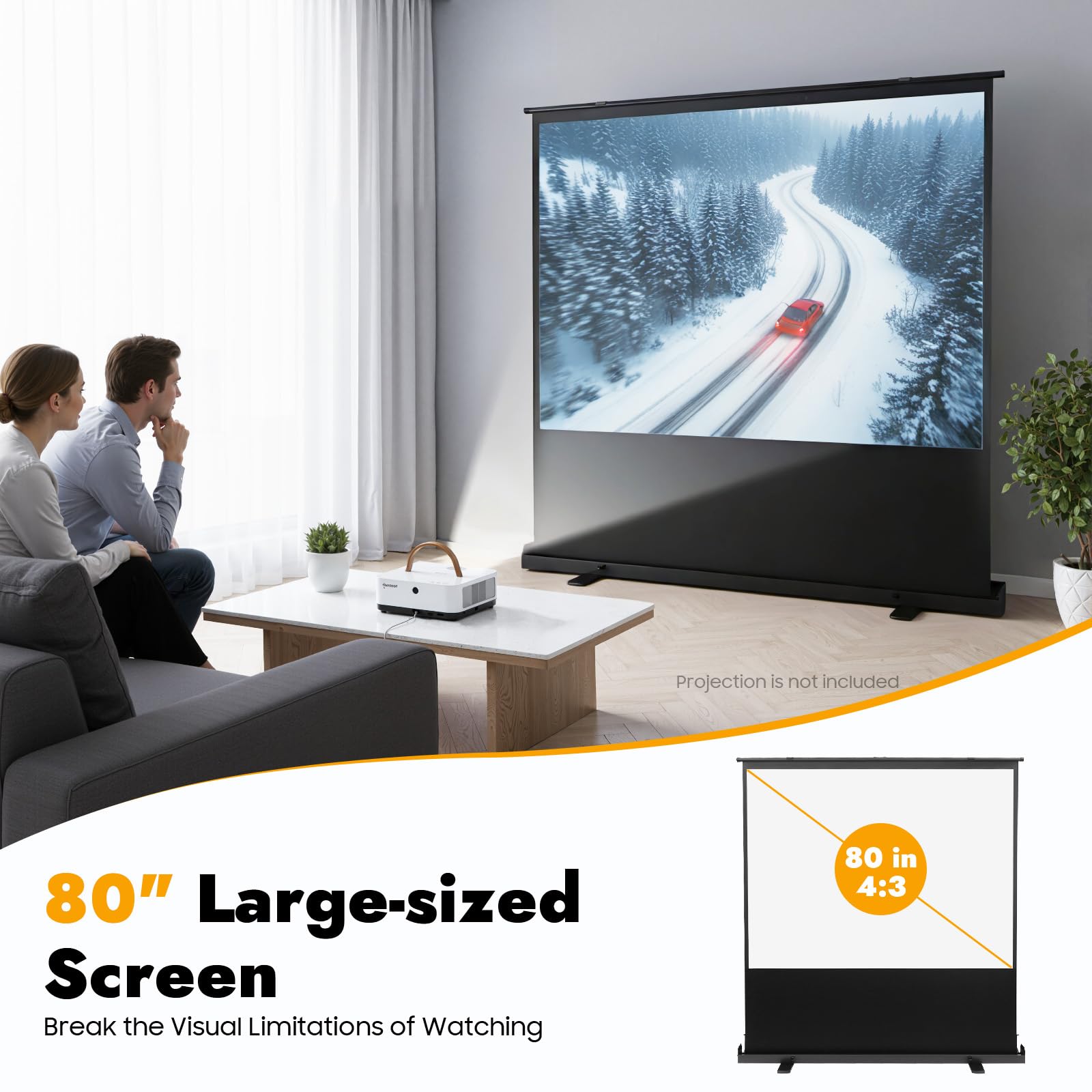 Schermo per proiettore con treppiede, 203 cm, estensibile, portatile, 4:3, con gambe di supporto a forma di X e sistema di molle a gas, per esterni, campeggio, home theatre
