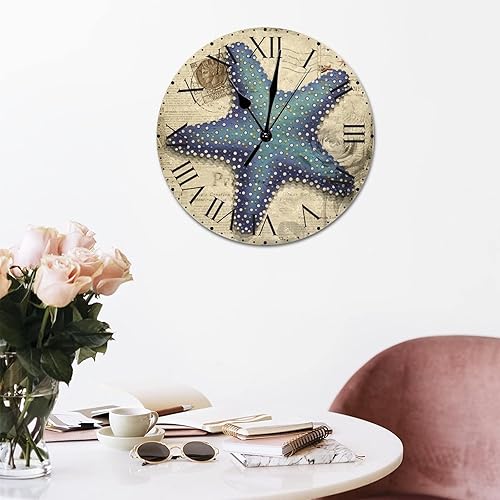 Miniatura 5 de ArogGeld Reloj de pared colgante con diseño de estrella de mar antigua francesa de PVC con números romanos de 10 pulgadas funciona con pilas para