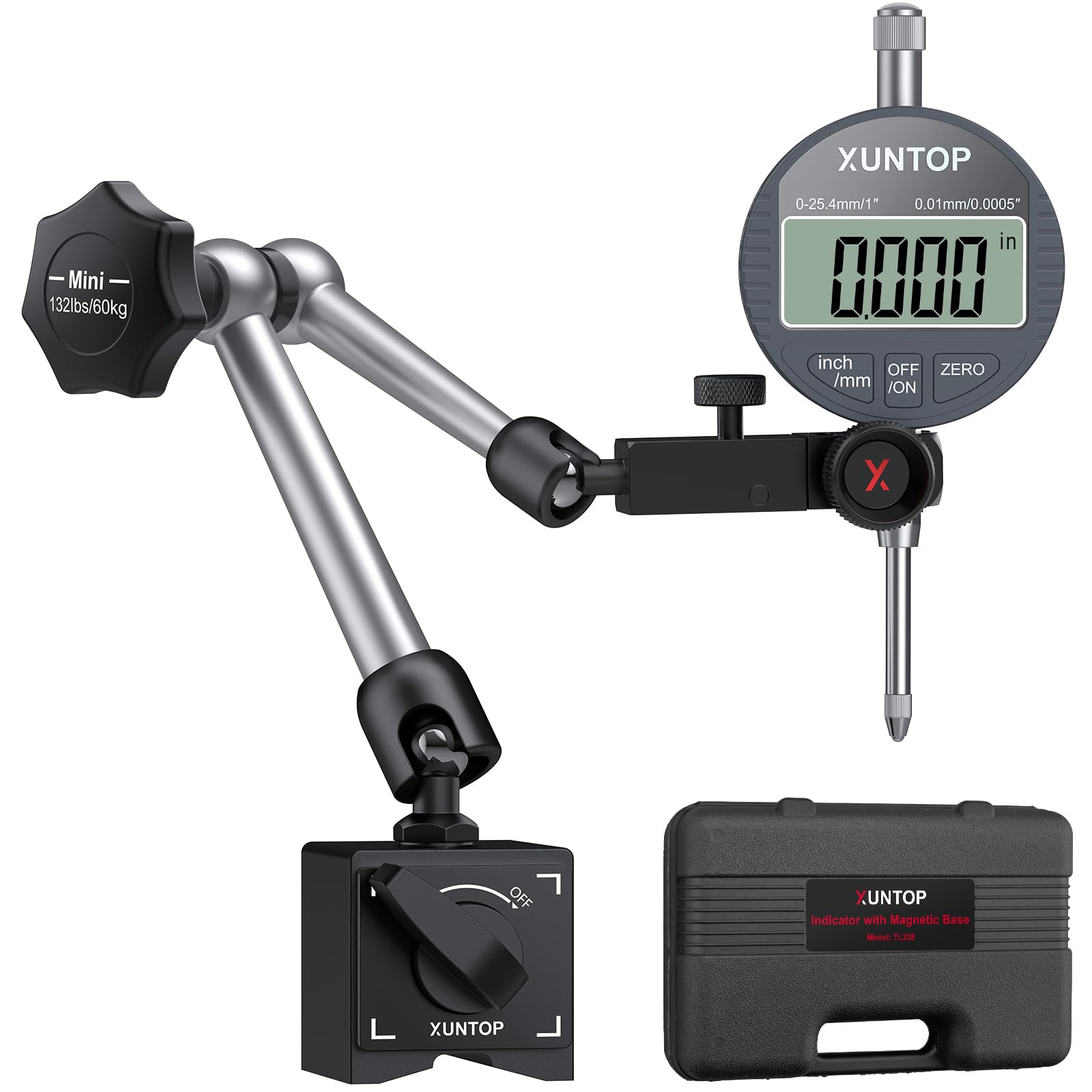 XUNTOP Digital Dial Indicator 1inch/0.0005inch with 132lbs/60kg Magnetic Base,Inch/Metric Conversion LCD Display Electronic Indicator, Dial Test Gauge