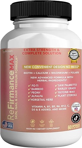 ReFirmanceMax Suplemento para el crecimiento del cabello, 60 cápsulas, con biotina 5000mcg, vitaminas B12, calcio, palma enana americana, suministro