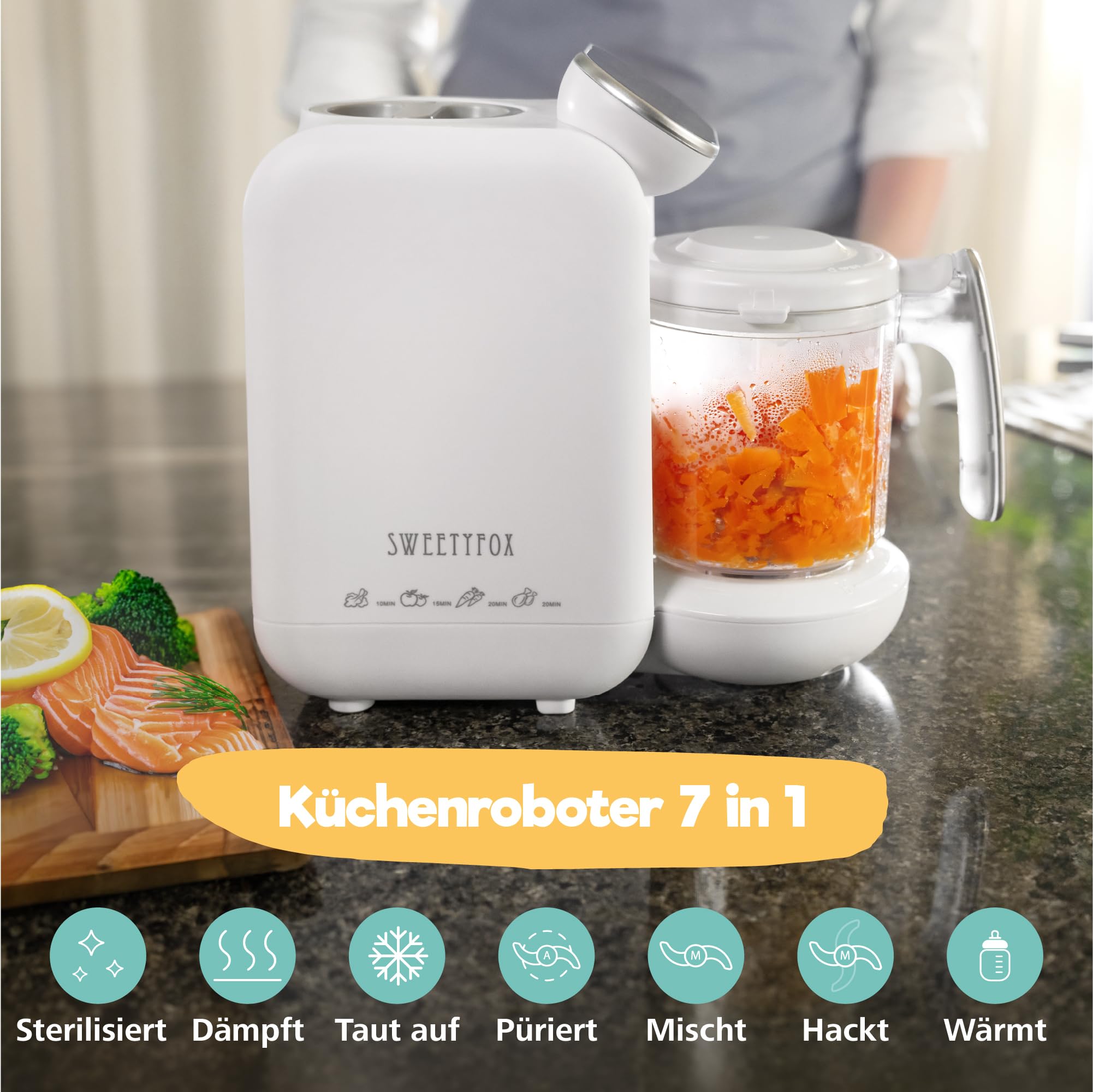 Sweety Fox - Babynahrungszubereiter Mixer - 7 Funktionen - Dampfgaren, Mixen, Pulsfunktion, Selbstreinigung, Sterilisieren, Aufwärmen, Auftauen - Babybrei Zubereiter