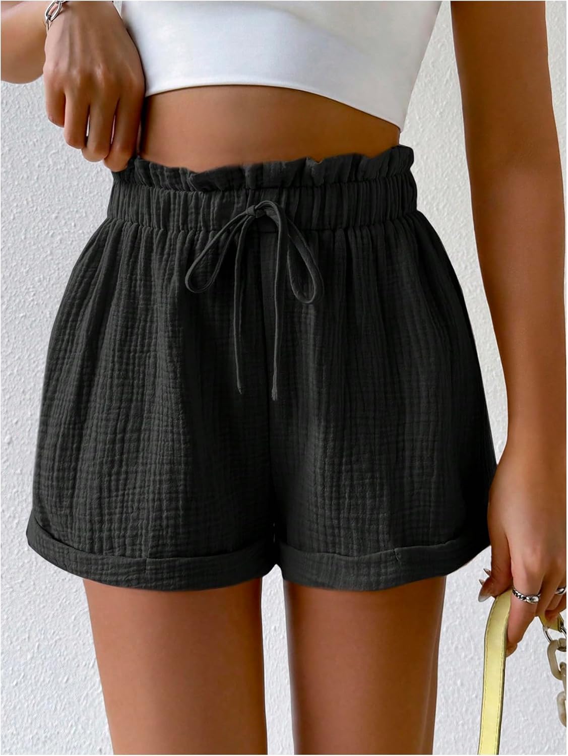 SHENHE Women's Ruffle High Waist Shorts Textured Cuffed Summer Casual Paperbag Shorts - Image 3