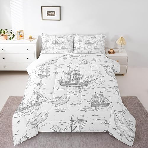 Miniatura 18 de Manfei Octopus Kids Comforter Set Queen Size,Dark Clouds Ocean Waves Trippy Retro Bedding Set,Boys Girls Room Decor,Underwater World Marine Life