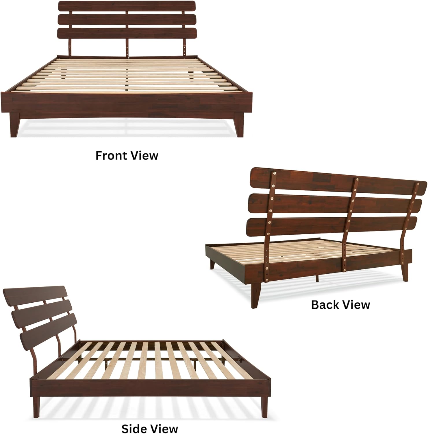 Bme Caden King Size Bed Frame and Adjustable Headboard, 15 Inch Mid Century Retro Style - Solid Acacia Wood - No Box Spring Needed - 12 Strong Wood Slat Support - Easy Assembly - Walnut