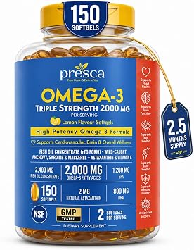 Triple Strength Omega 3 Fish Oil 2400mg w/Astaxanthin 150 Softgels | rTG form 1200mg EPA + 800mg DHA | Vitamin E Lemon flavor Wildcaught, Burpless | Supports heart brain & joints | 75 serving