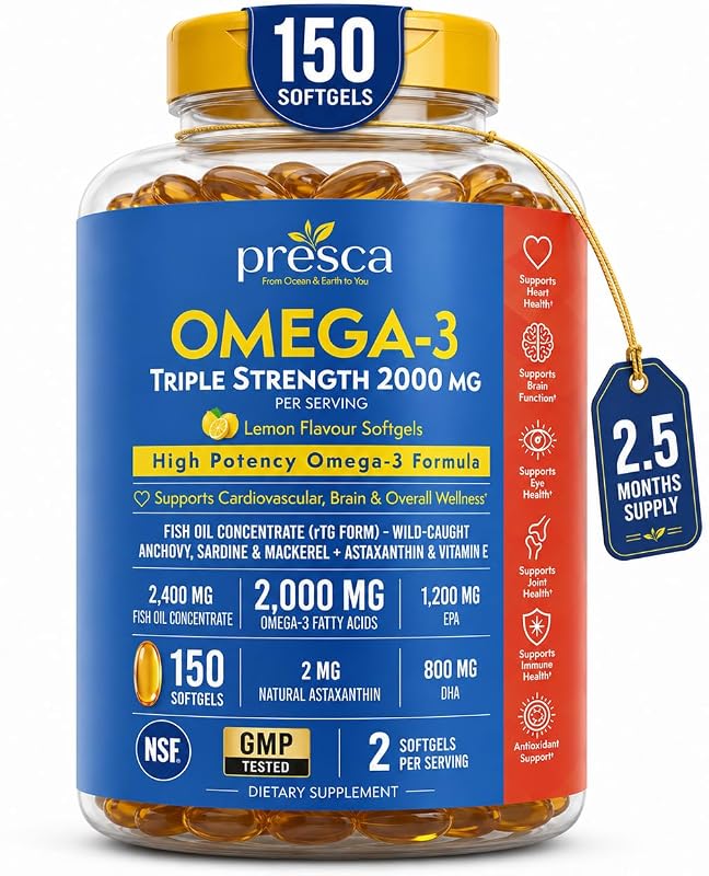 Presca Ômega-3 2.400 mg com EPA 1.200 mg, DHA 800 mg, astaxantina e vitamina E, 150 cápsulas gelatinosas