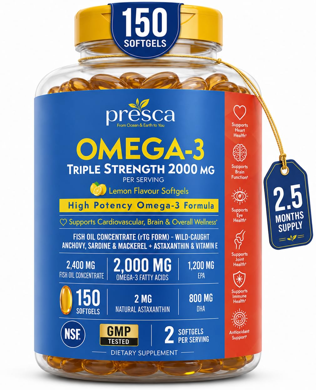 Triple Strength Omega 3 Fish Oil 2400mg w/Astaxanthin 150 Softgels