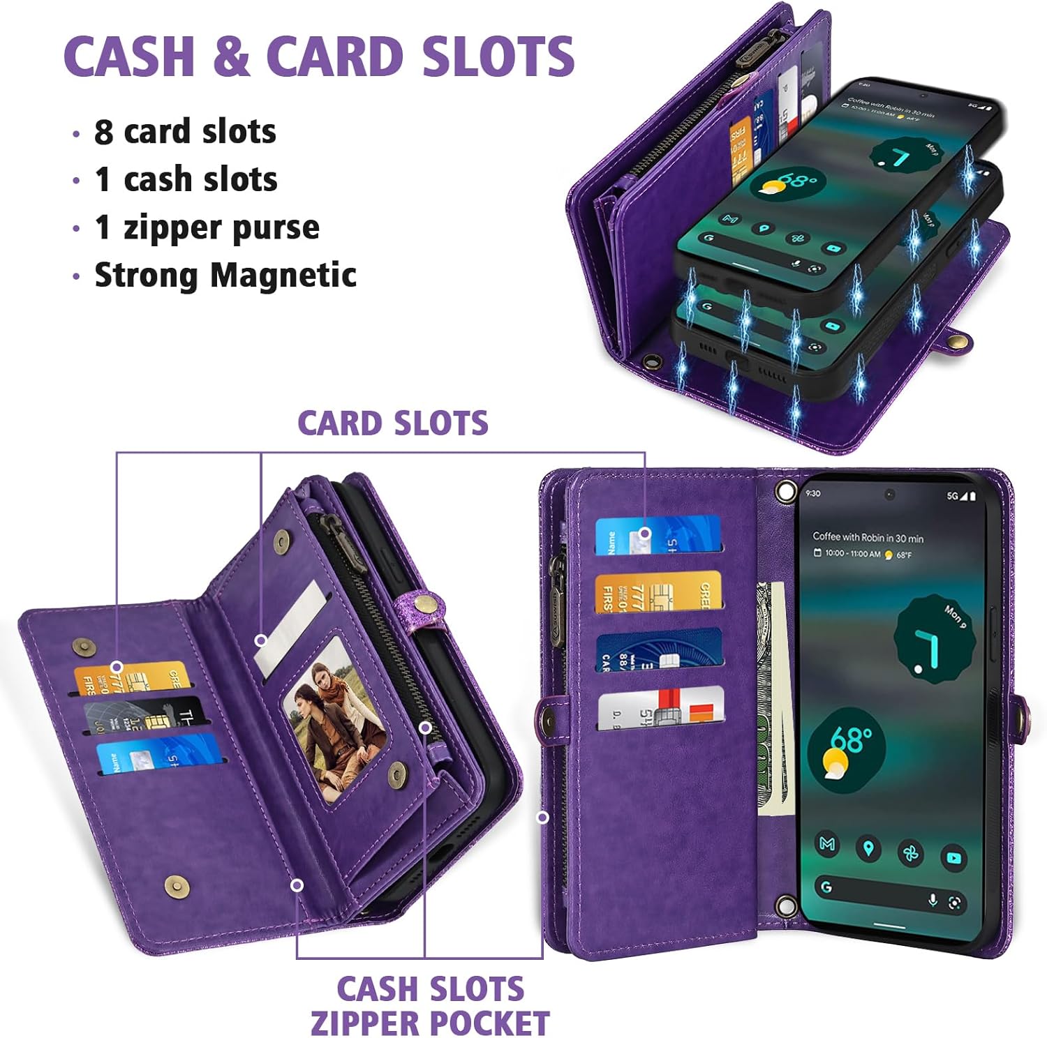 Asuwish Phone Case for Google Pixel 6A 5G 2022 Zipper Wallet Detachable Cell Cover with Tempered Glass Screen Protector Lanyard Wrist Strap Flip Credit Card Holder Slot Pixel6A A6 Women Men Purple