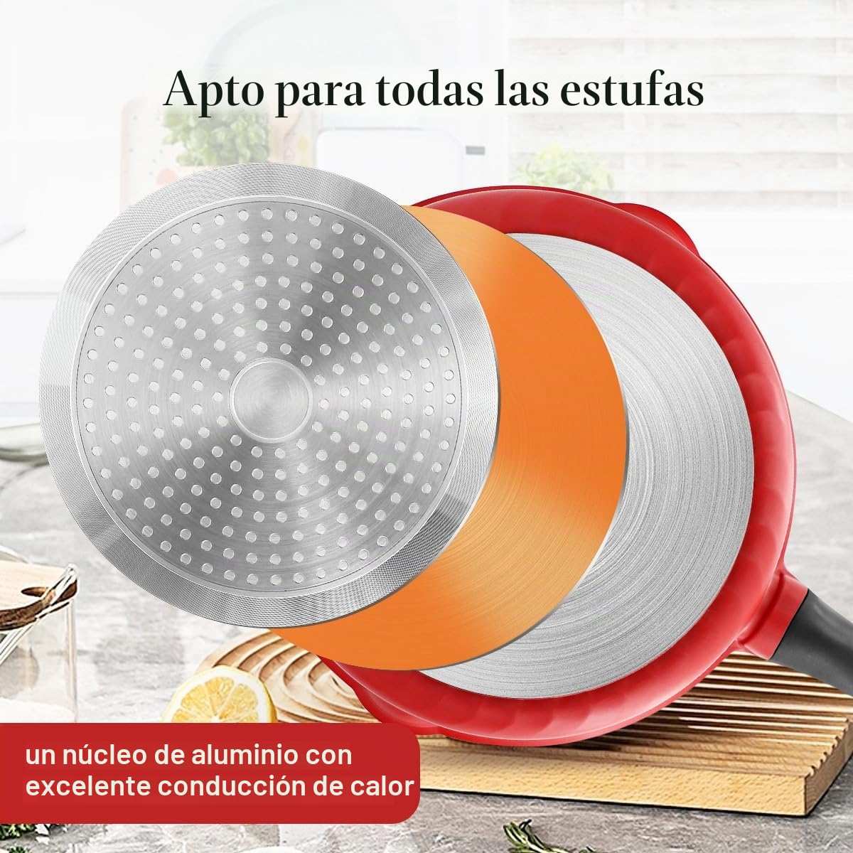 Sartén de 28 cm, juego de 4 piezas Sartén antiadherente (sartén con tapa, cesta vaporera/colador, espátula de silicona), con mango extraíble, apta para horno (Rojo-negro) | Mango desmontable, apto para todas las estufas, incluyendo inducción, sin PTFE, PF