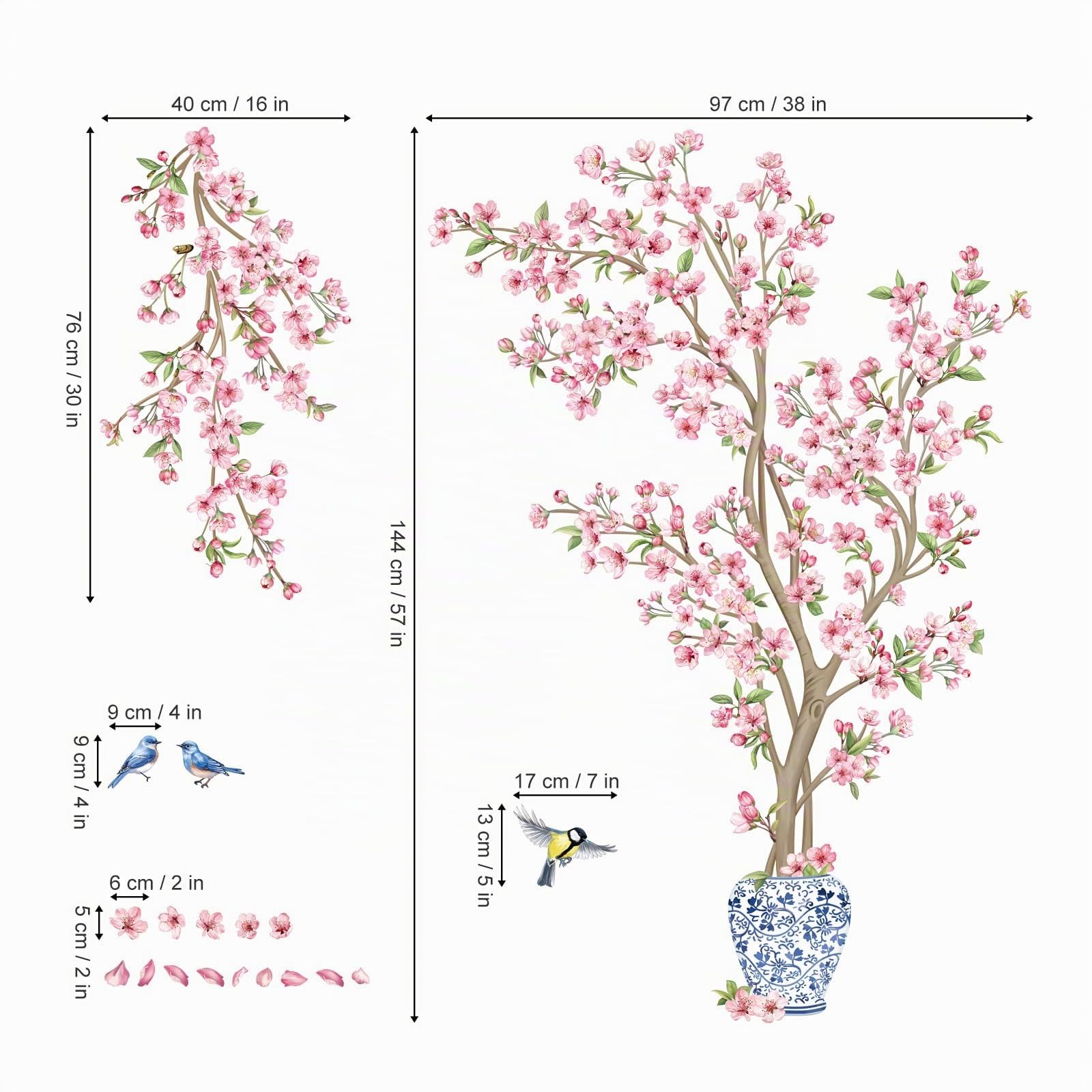 decalmile Pegatinas de Pared Flor de Cerezo Árbol Grande Rosa Vinilos Decorativos Árbol de Cerezo Ramas Flores Pájaros Adhesivos Pared Habitación Niña Dormitorio Salón