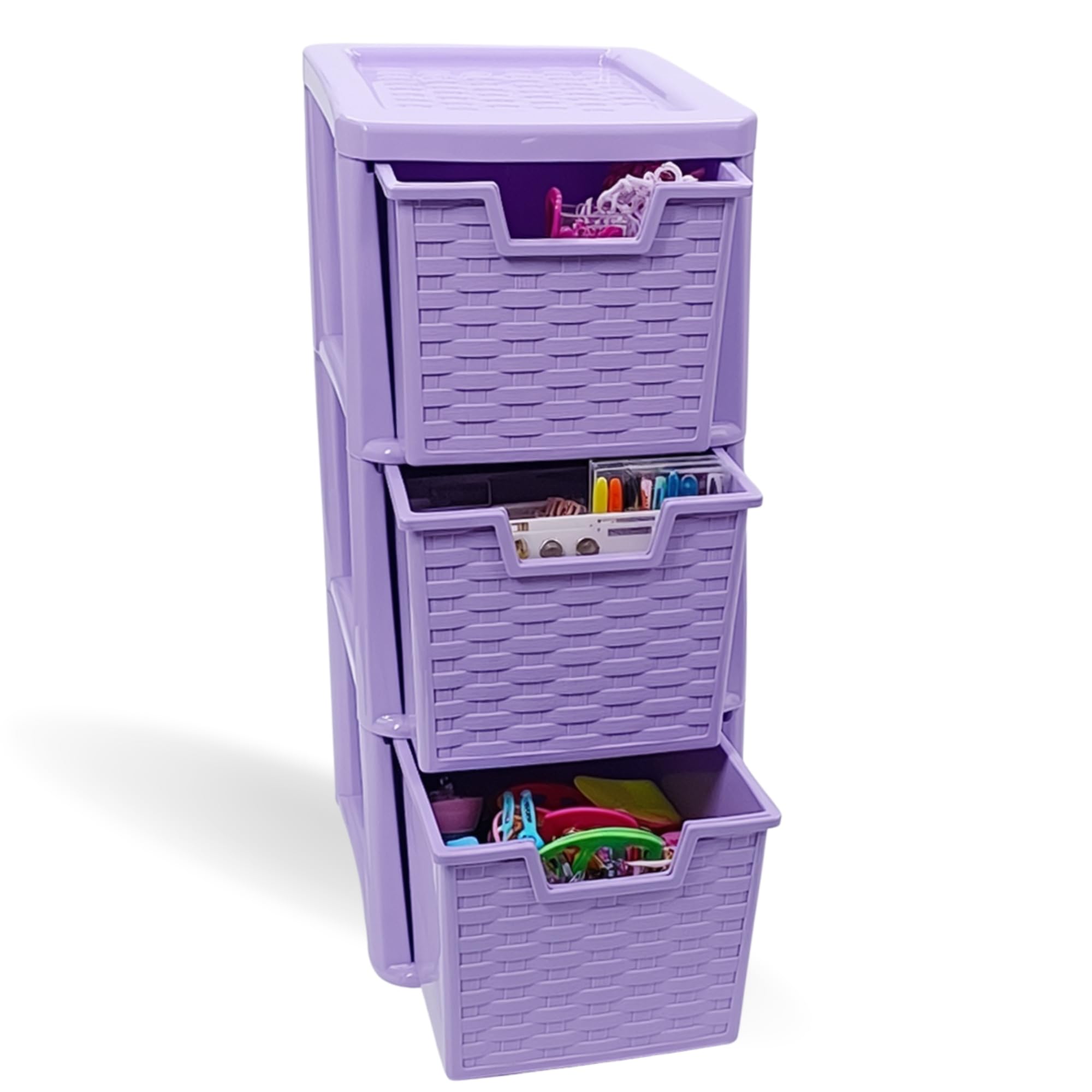 ALEEZ - 4 Drawer Plastic Storage Unit - Space Saving Multipurpose Medium Drawers - Rattan Design Home Office Storage Durable Draws - Tabletop, Desktop Drawers (Lilac, 3 Tier)