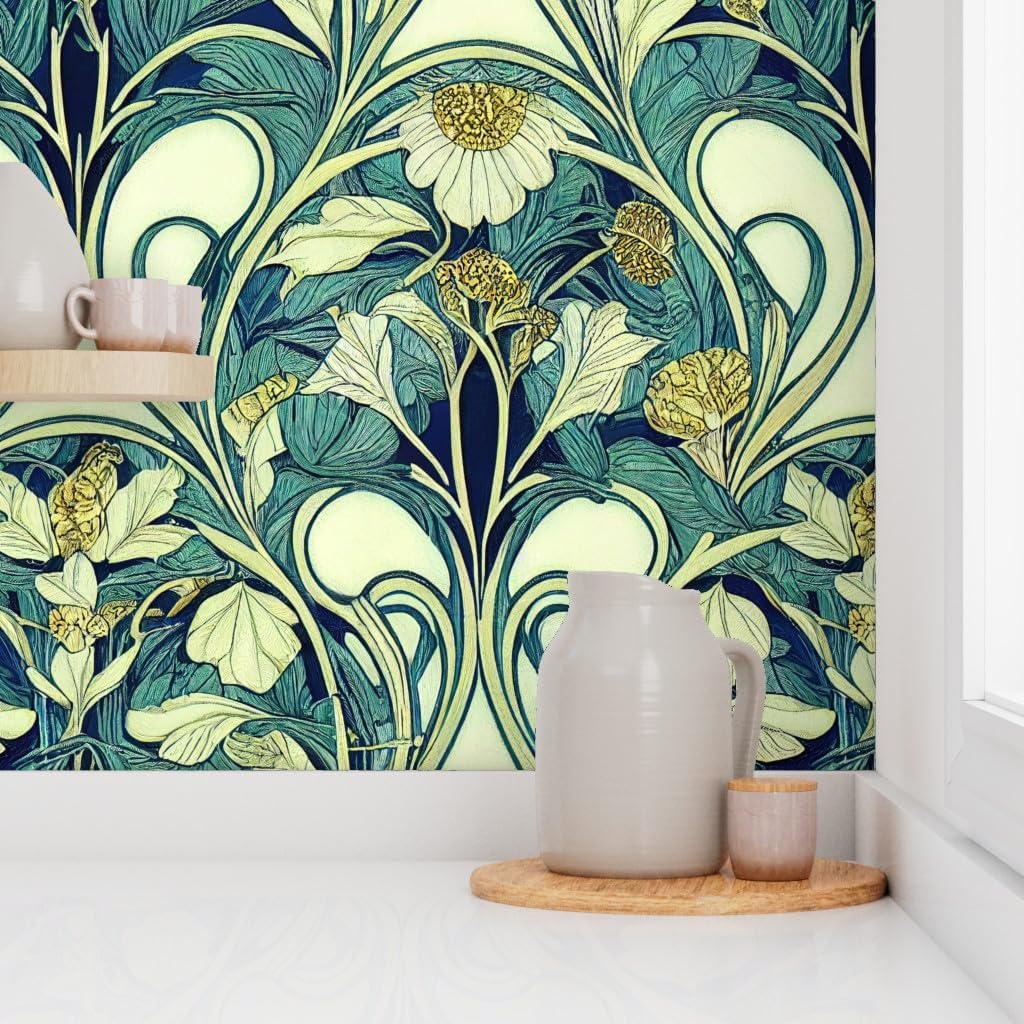 Spoonflower Peel & Stick Wallpaper Swatch - Art Nouveau 1920S Teal Green Cream Floral Vines Elegant Garden Botanical Custom Removable Wallpaper