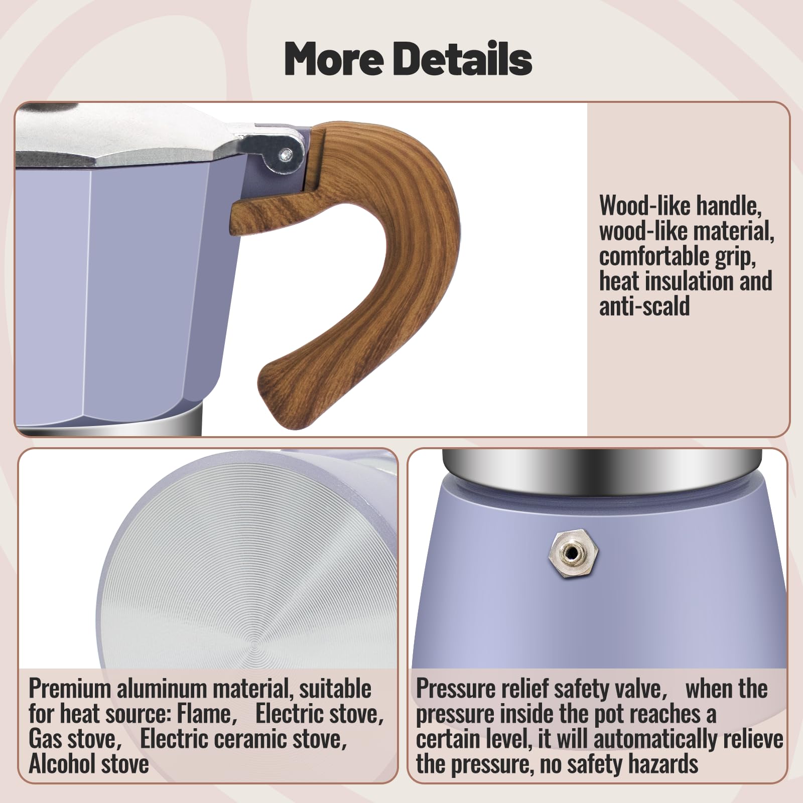 Cafetera moca clásica de aluminio para 3 tazas, 150 ml, cafetera, percoladora, cafetera Mocha Express, cafeteras preferidas para café italiano y cubano, color morado