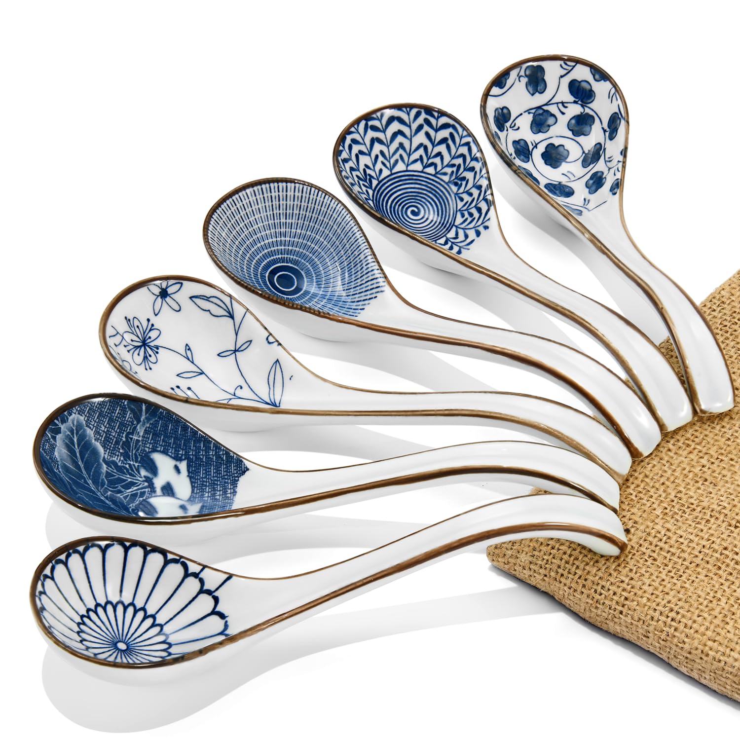 6PCS Asian Ceramic Soup Spoon, with Long Handle Easy to Hold, Non-slip Bottom, for Japanese Ramen, Chinese and Vietnamese Wonton, Noodle Soup Spoons (V90)