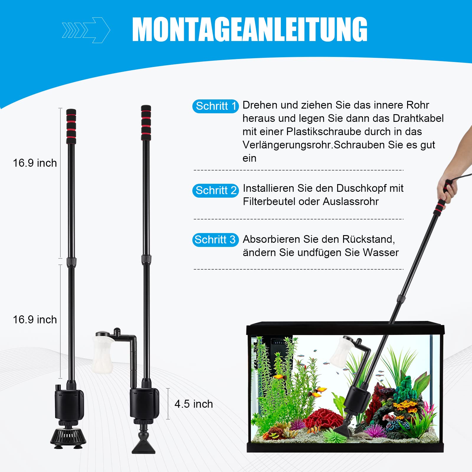 AQQA Nettoyeur électrique pour Aquarium,6en1Aspirateur Automatique pour Aquarium,Aspirateur de Gravier Électrique,Changeur d'eau Laveur