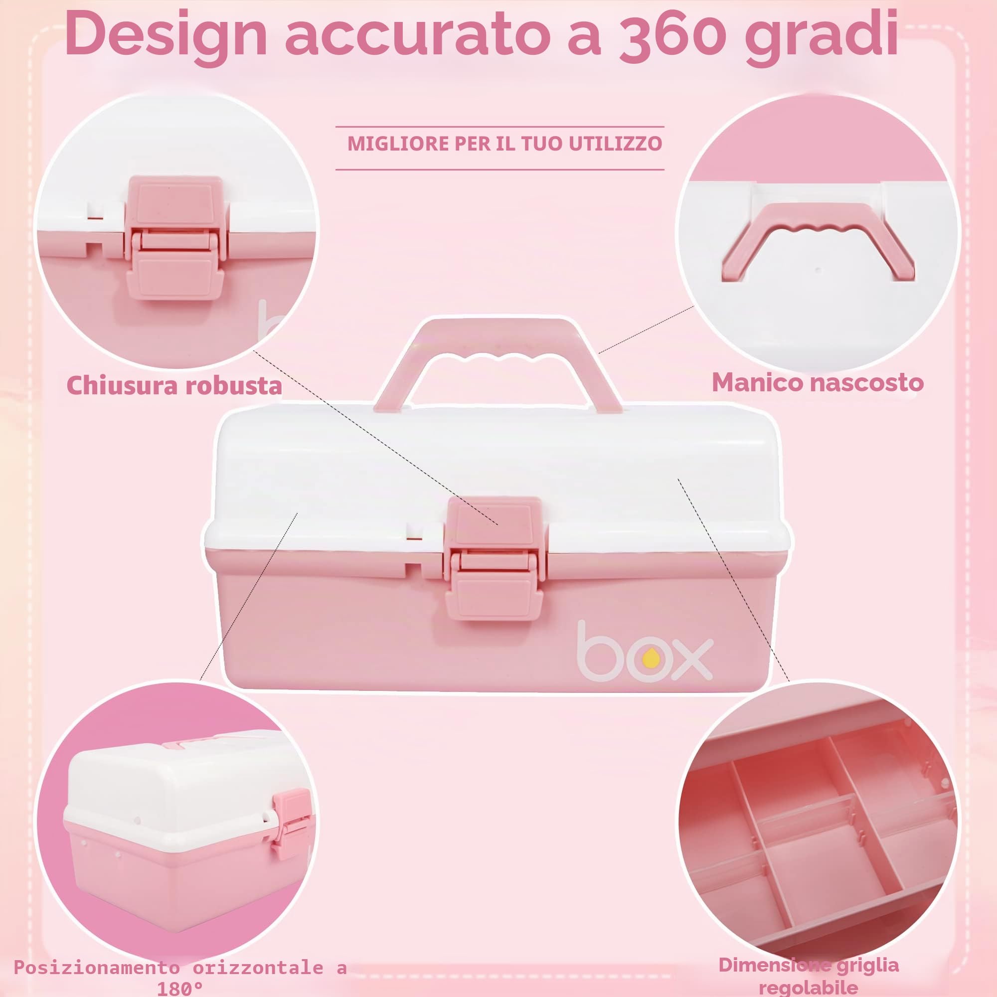 Creahaus Scatola portaoggetti multiuso da 30,5 cm, organizer, cassette degli attrezzi, valigetta per arti e bricolage, per cucito, organizer, scatola medica, cassetta di pronto soccorso(rosa bianco)