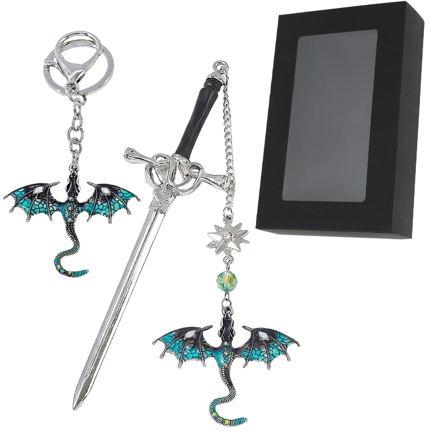 TIHNY Blue Dragon Bookmark and Dragon Keychain Set, Sword Style Fourth Wing Bookmark with Vintage Tassel, Gothic Fantasy Book Marker Gift
