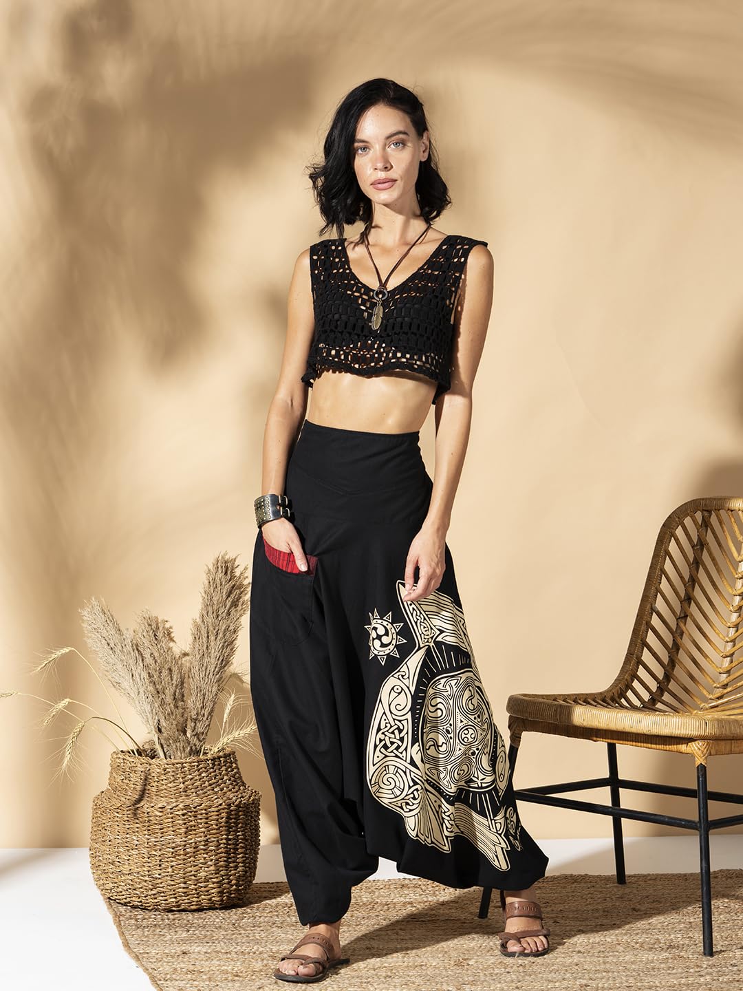 The Veshti Company High Waist Low Crotch Printed Cotton Yoga Harem Pants for Women's, Hippie Style Baggy Palazzo Pant, Spell Binder Black-Beige, XL 1