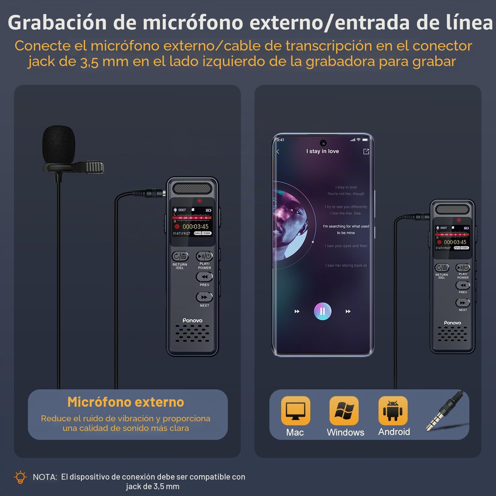 80GB Grabadora de Voz 100H Grabación Continua, Ponovo Grabadora Digital Activada por Voz 1536Kbps HD con Micrófono Ext, 1100mAh Grabadora de Voz Pequeña con Contraseña para Reunione Entrevista Clase | 64GB Tarjeta de Memoria, 16GB Memoria Integrada, 1100m