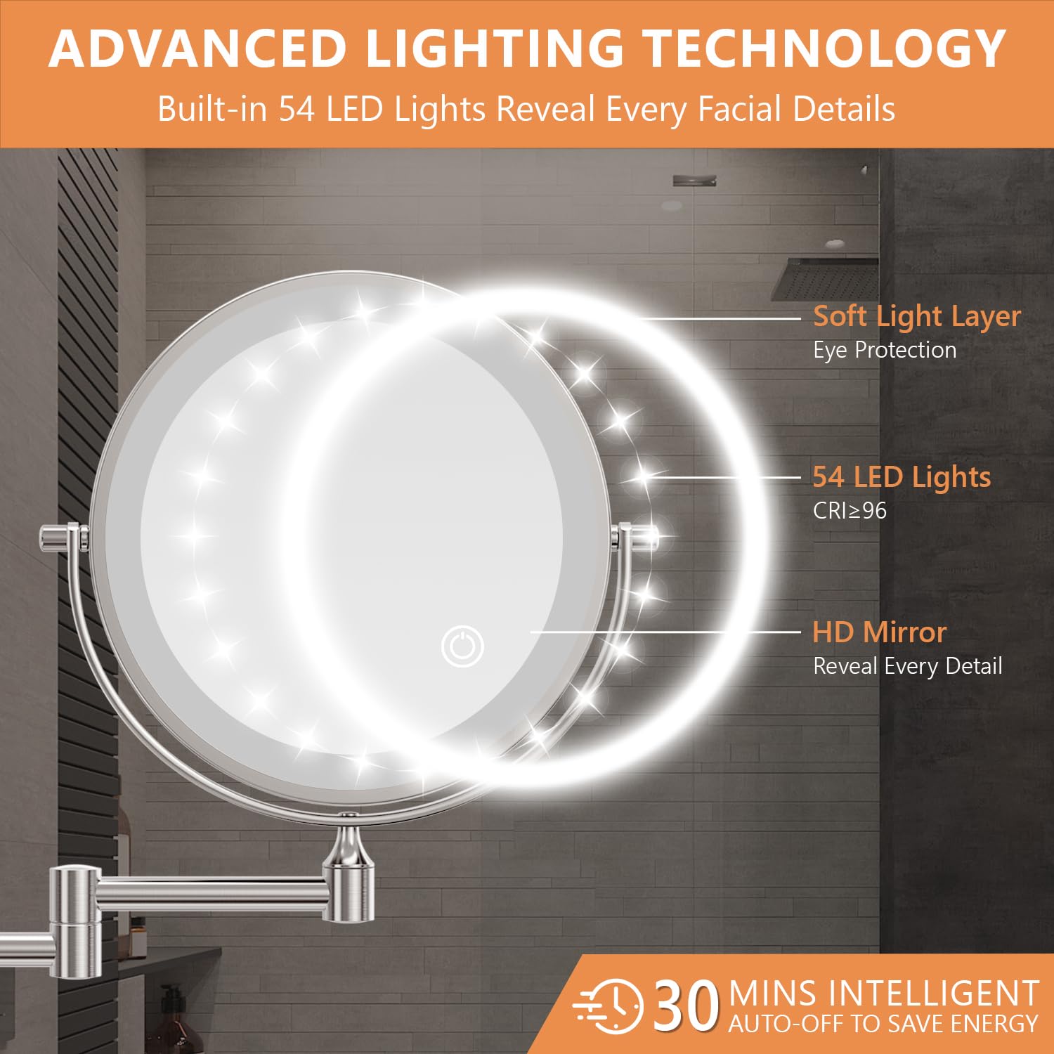 Auxmir Specchio ingranditore luminoso da parete specchio trucco con braccio estensibile, ingrandimento x5/x1, 3 modalità di illuminazione, girevole a 360°, alimentato da 4 batterie AAA (incluse)