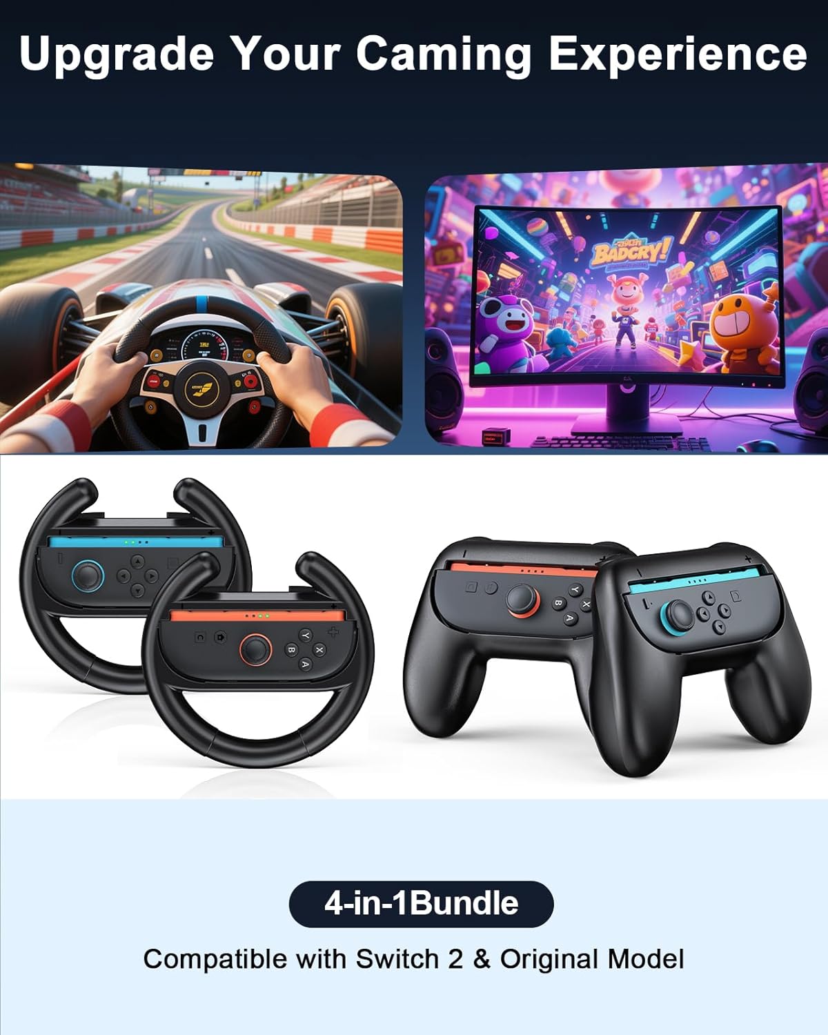 [Switch 1/2 Compatible] Hand Grips and Ergonomic Racing Wheel Handle for Joy Cons Controller, Family Sports Party Pack Accessories Compatible with Nintendo Switch 2 / Switch 1 / OLED- 4 Packs (Black) - Image 2