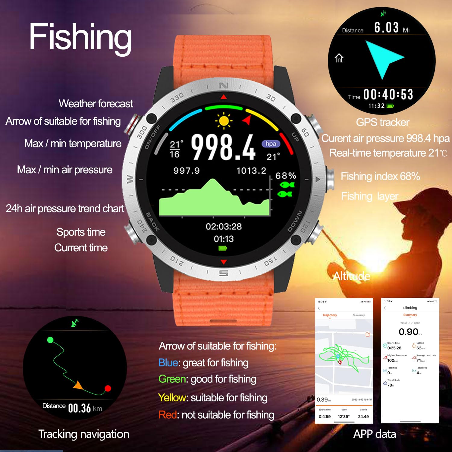 SUNROAD Reloj deportivo GPS con navegación, rastreador de fitness, correr, natación, ciclismo, altímetro, barómetro, brújula, esnórquel, buceo, pesca, reloj de pulsera digital de moda