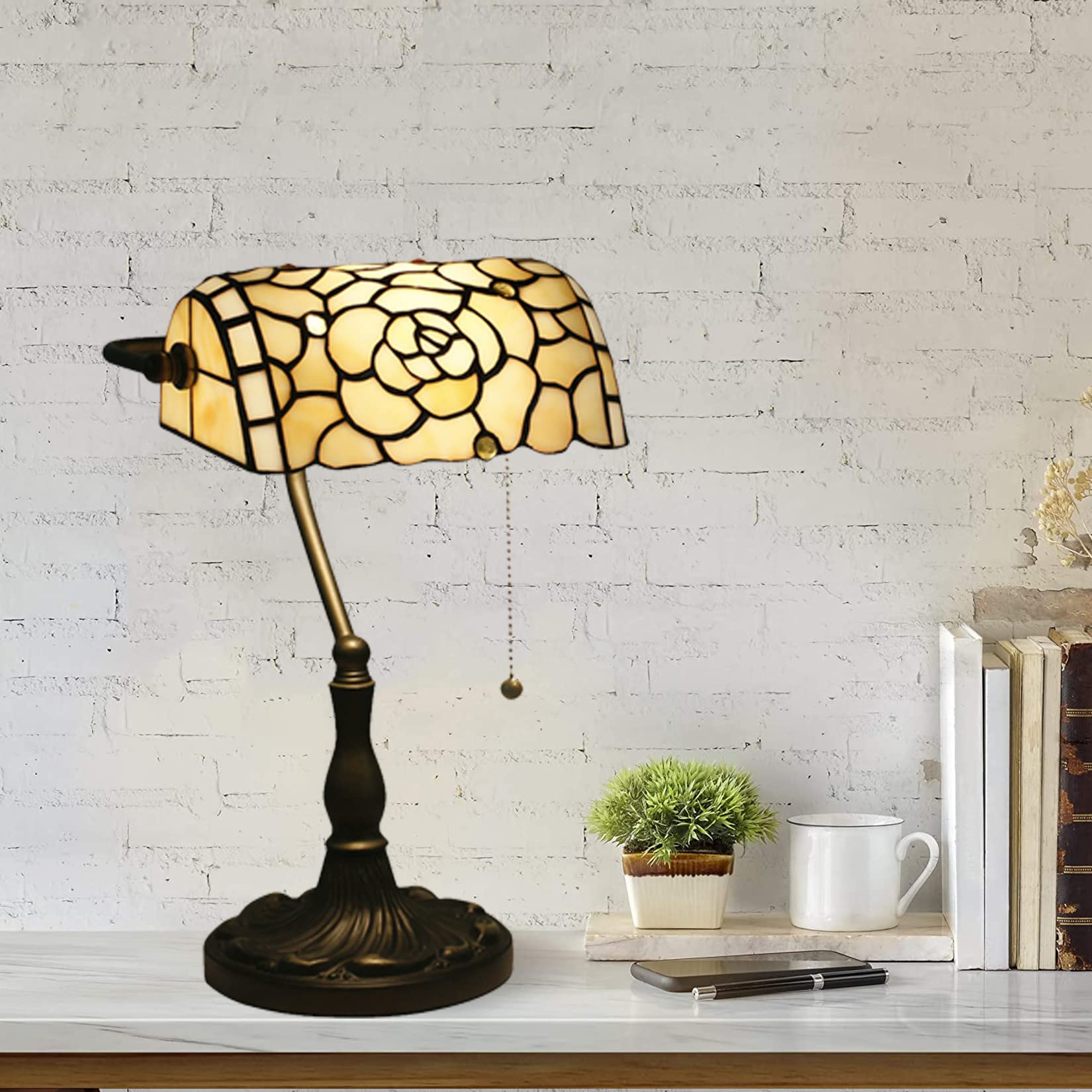 Lampada da banchiere, Lampada da Tavolo o scrivania in Vetro colorato con Rosa Beige Bianca, Lampada da Pianoforte, Lampada da Comodino per Camera da Letto per Ragazza Amante, Base in Lega con