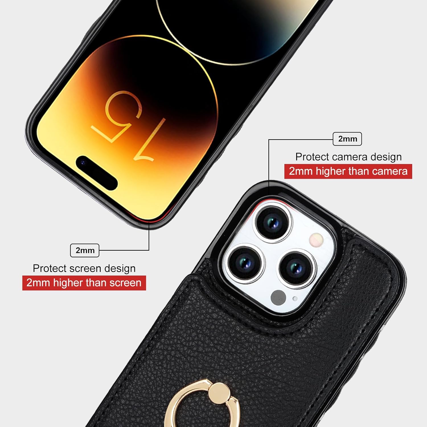 Folosu Compatible with iPhone 15 Pro Case Wallet with Card Holder, 360°Rotation Finger Ring Holder Kickstand, RFID Blocking Leather Protective Double Buttons Shockproof Cover 6.1 Inch Black - Image 8