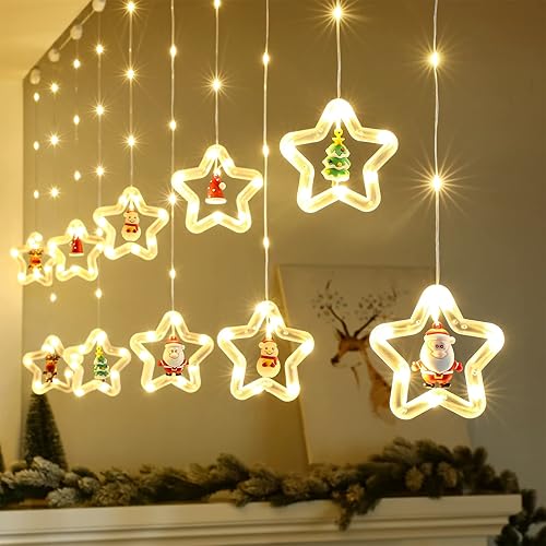 BLOOMWIN Cortina de luces de Navidad para colgar en interiores, anillo de 10 estrellas con adornos de Navidad, control remoto USB, luces de ventana