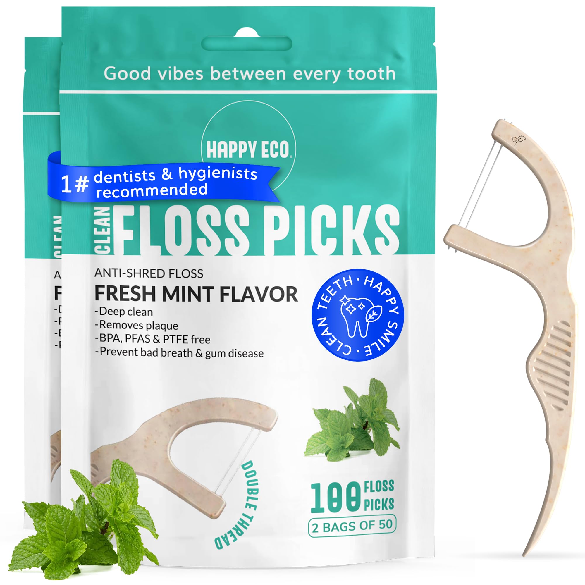 Dental Floss Picks 100pcs - Flossers for Adults Vegan Corn-Straw Handle Superior Oral Care Anti-Shred Thread Dental Hygiene