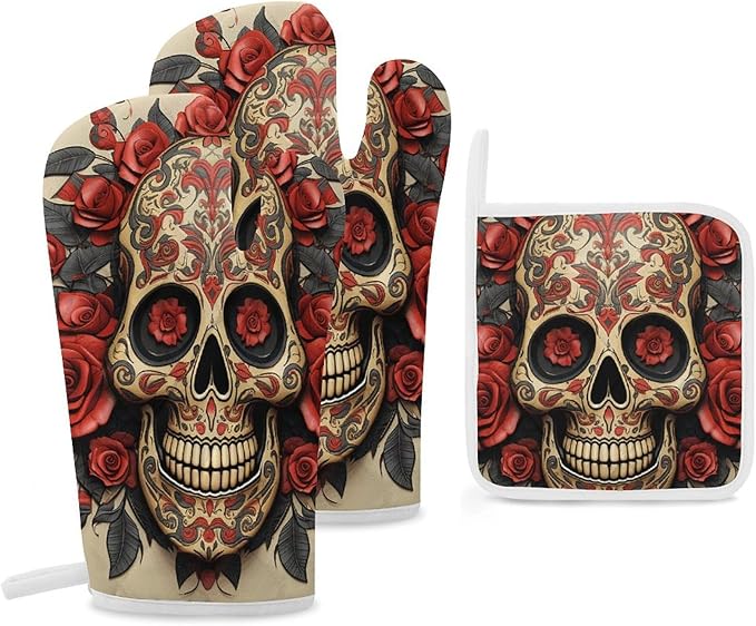 Red Rose Sugar Skull Oven Mitts and Pot Holders 3 Pcs Sets Heat Resistant Kitchen Oven Mitts Non Slip Potholders for Cooking Baking Grilling