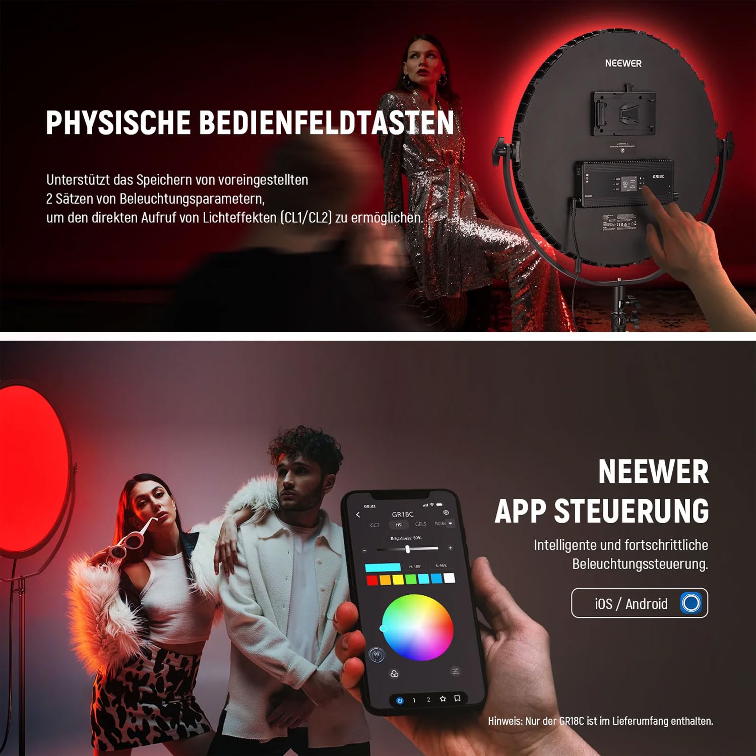 GR18C Pannello LED rotondo RGB luce video con controllo APP 18 pollici con panno in microfibra keepdrum