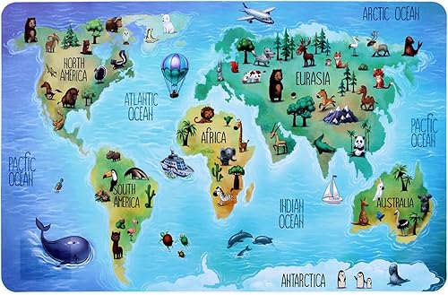 Miniatura 3 de Juego de 3 manteles individuales con diseño de mapa del mundo, diseño educativo de geografía de animales, para niños, mesa de plástico, divertidos,