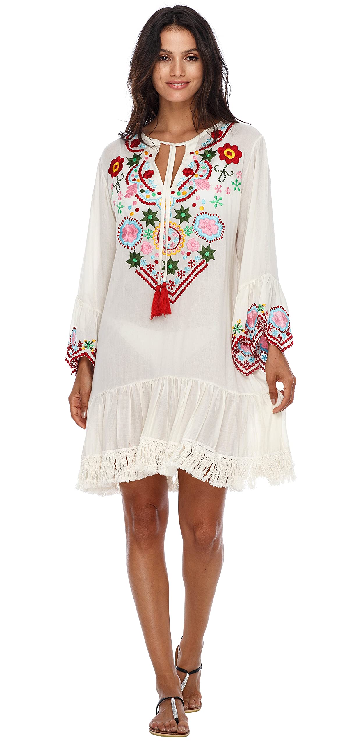 SHU-SHI Vestido Estilo túnica Corto para Mujer - Estilo Bohemio Bordado - con Mangas de Campana