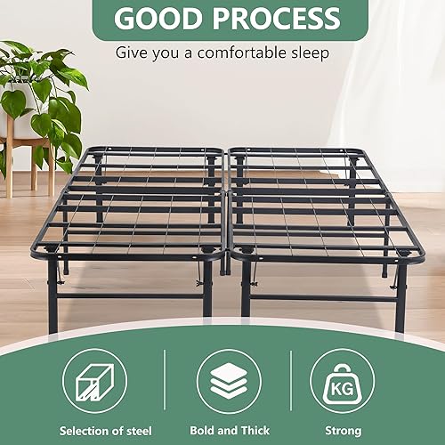 Miniatura 3 de PayLessHere Marco de cama plegable de metal de 14 pulgadas, plataforma de listones de acero resistente, base de cama, base de colchón, repuesto de