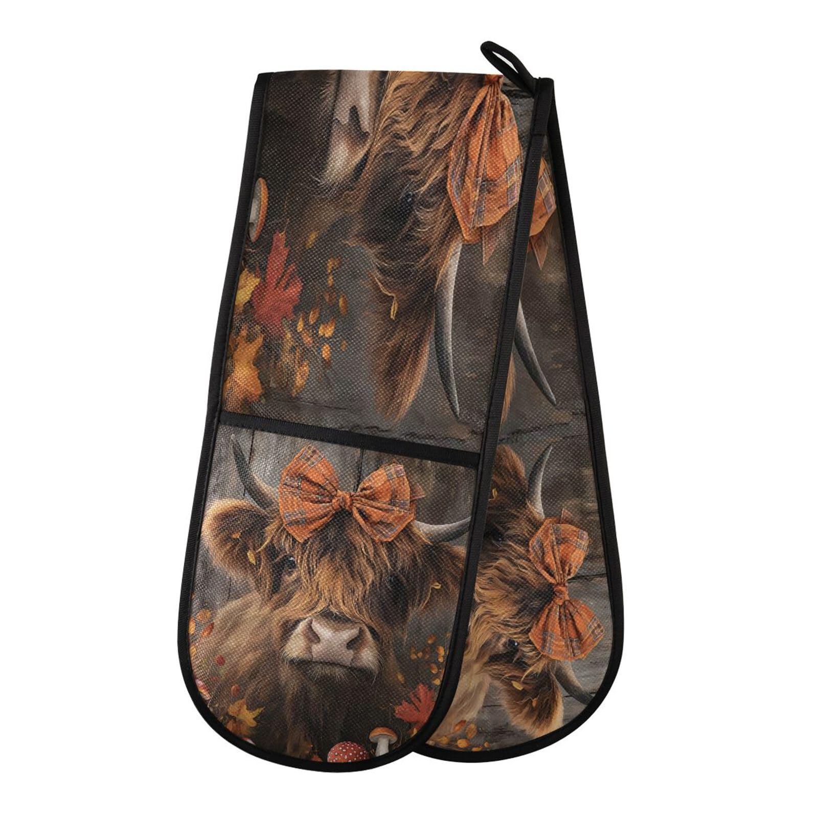 Oven Gloves Double Oven Gloves Highland Cow Bow Wooden Oven Mitts Pot Holder Heat Resistant Quilted for Kitchen BBQ Baking Cooking Gloves