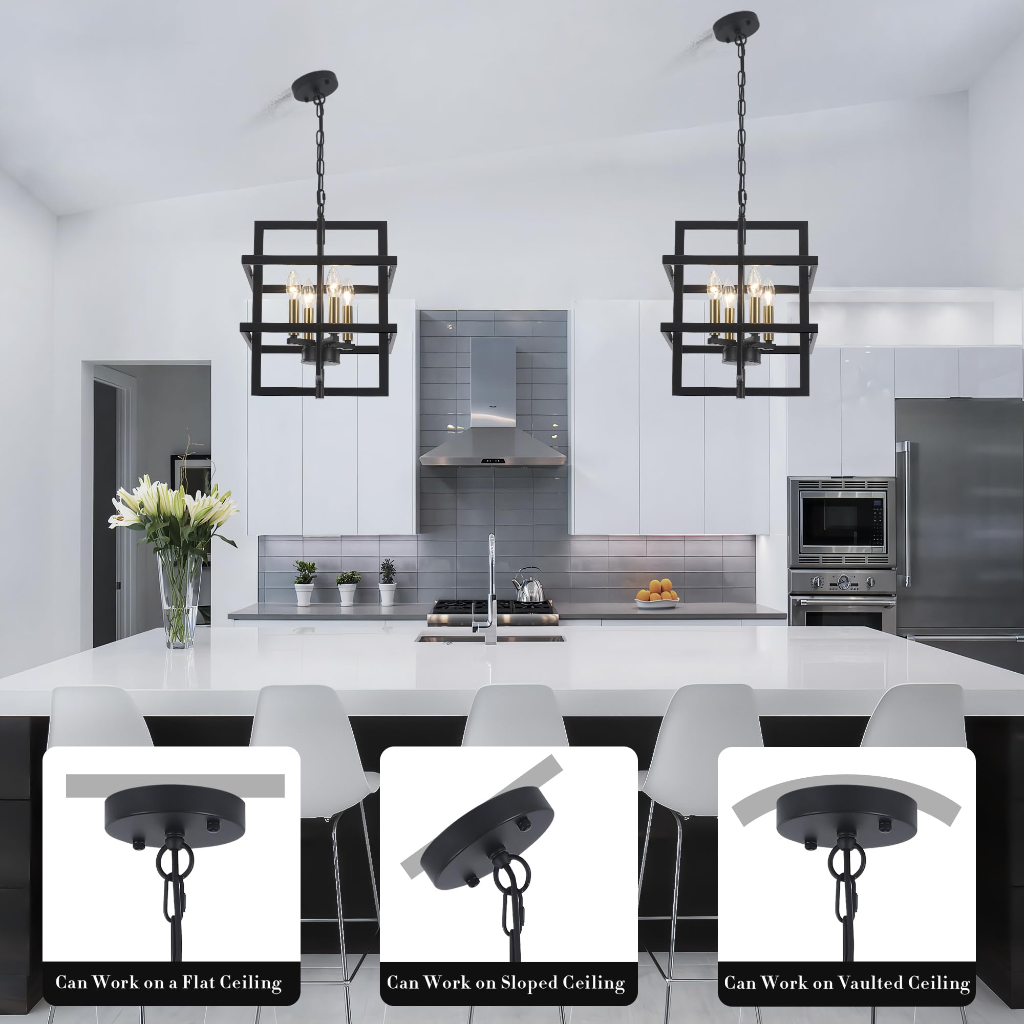 Black Rectangle Chandelier – Farmhouse Kitchen Island & Dining Room Pendant Light, Height Adjustable Chain, Industrial Style For Living Room, Entryway
