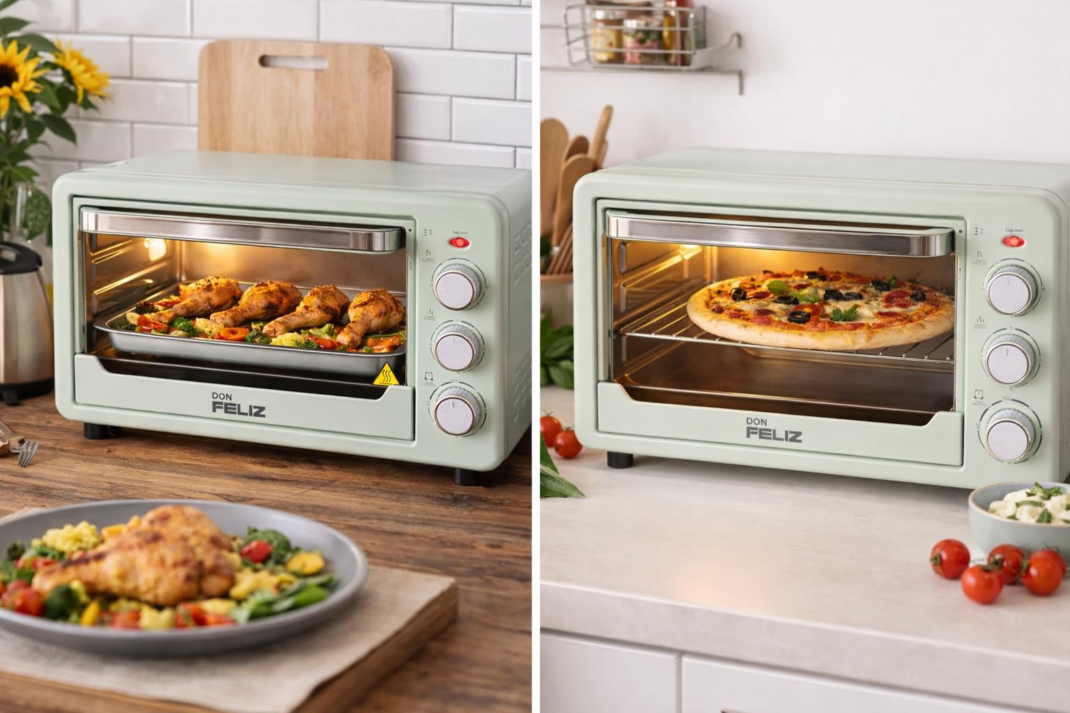 Horno Sobremesa Eléctrico, Negro, 22L, 1500W, Hasta 250°C, 3 Modos de Calor, Temporizador 60 Minutos, con Bandeja y Rejilla, Don Feliz