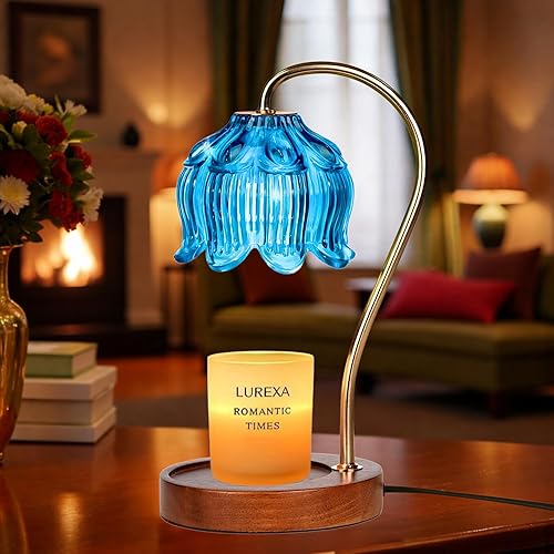 LUREXA Candle Warmer Lamp with Timer - Adjustable & Fixed Height Wax Melt Lamp for Jar Candles, Includes 2 Bulbs, Dimmable Vintage Home Décor, Gift for Women & Mom (A1-Blue Lotus) - A1-blue Lotus